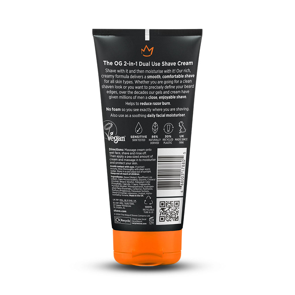 King of Shaves 2-in-1 No Foam Shave Cream & Daily Moisturiser (175ml) rear of tube