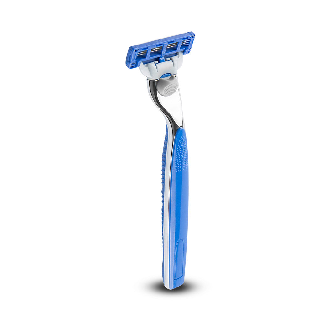 King of Shaves K3 Three Blade Razor and 8 Cartridges side angle view