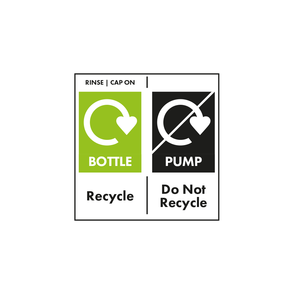 Bottle with cap on widely recycled. Sorry, pump not yet recycled. Please separate and recycle where possible.